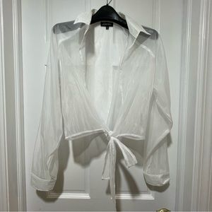 Love University White Sheer Long Sleeve Tie-Front Top